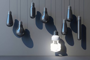 Parlayan ışık floresan ampul LED siyah beton zemin üzerinde izole parlak lamba ile çevrili - 3D