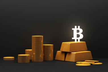 Bitcoin bugün altın ve para biriminden daha değerli hale geliyor, siyah renkli finans kavramı. 3d oluşturma