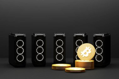 Bitcoin bugün madencilikte bilgisayar donanımı kullanarak altın ve para biriminden daha değerli hale geliyor, finans kavramını sarı renkte kullanarak. 3d oluşturma