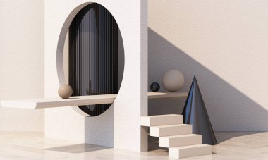 Podyum ve soyut arkaplanlı minimum 3D canlandırma sahnesi. Ahşap ve beton desenli pastel renklerde geometrik şekil