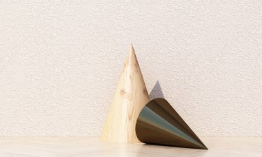 Podyum ve soyut arkaplanlı minimum 3D canlandırma sahnesi. Ahşap ve beton desenli pastel renklerde geometrik şekil