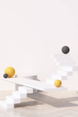 Duvarında gölgesi olan bir ürün için geometrik şekil podyumu olan soyut beyaz arka plan. Asgari konsept sarı ve gri. 3d oluşturma