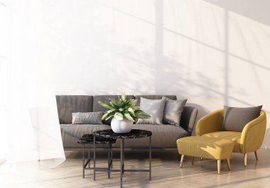 Ahşap zemindeki gri kanepe ve sarı koltuk pencereden yansıyor ve gölgeler üzerine düşüyor. Beyaz duvarlı ve katıksız 3D görüntülü.