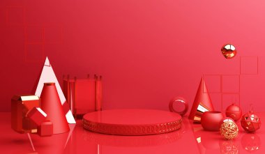 Çin yeni yılı, kırmızı soyut arkaplan üzerinde Altın podyum modeli geometrik şekil ürünü minimum sunumu, 3D görüntüleme.