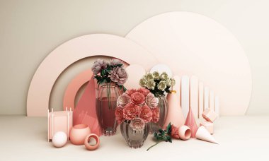 Vazoda kırmızı güller ve pembe tonlarda geometrik bir arkaplan.