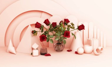 Vazoda kırmızı güller ve pembe tonlarda geometrik bir arkaplan.