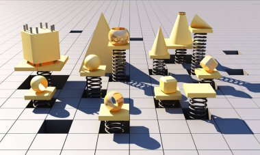 Üç boyutlu, soyut sarı geometrik şekil arkaplanı oluşturuluyor. Yumuşak ışık ve bir yay tarafından sarılmış gölgelerle gelecekteki minimal gri kare desenli. 3d oluşturma