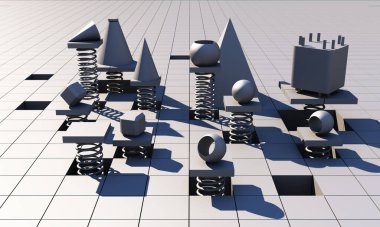 Üç boyutlu, soyut gri geometrik şekil arkaplanı oluşturuluyor. Yumuşak ışık ve bir yay tarafından sarılmış gölgelerle gelecekteki minimal gri kare desenli. 3d oluşturma