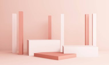 Podyumlu soyut pembe kompozisyon. Yuvarlak Yaya ve Kopyalama Alanı, geometrik şekil Pastel, 3D görüntüleme