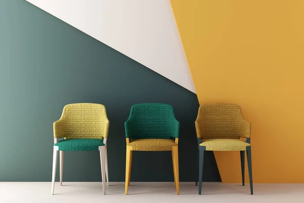yellow and green color chairs, sofa, armchair in empty background. surrounding by geometric shape Concept of minimalism & installation art. 3d rendering mock up