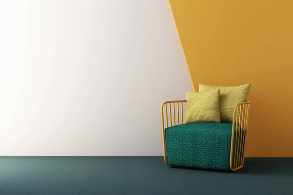 yellow and green color chairs, sofa, armchair in empty background. surrounding by geometric shape Concept of minimalism & installation art. 3d rendering mock up