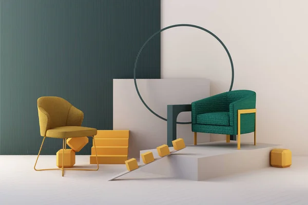 Sarı ve yeşil renkli sandalyeler, kanepe, boş arka planda koltuk. Geometrik şekille çevrelenmiş minimalizm ve kurulum sanatı kavramı. 3D oluşturma maketi