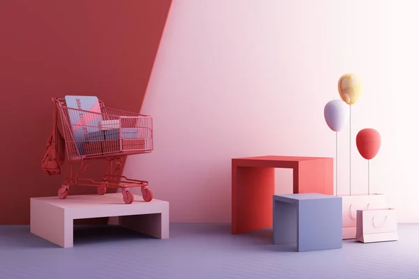 Supermarket Shopping Cart Surrounding Giftbox Geometric Shape Pink Blue Background — Stock Photo, Image