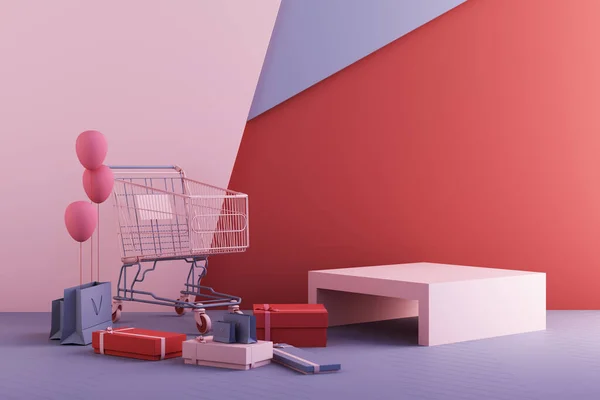 Корзина Супермаркета Окружающая Giftbox Геометрической Формы Розовом Синем Фоне Рендеринг — стоковое фото