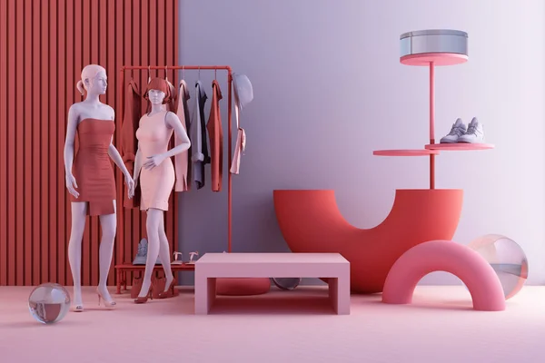 Giysiler, yerde pembe ve mavi renkte geometrik şekilli çanta ve market aksesuarlarıyla çevrili bir askıyı gösteriyor. 3d oluşturma