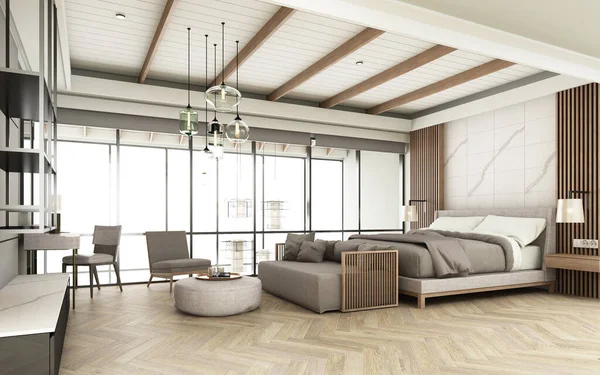 Yatak Odası Ahşap Tonlarla Yatak Duvar Dekorasyonuyla Modern Bir Şekilde — Stok fotoğraf
