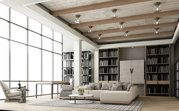 Oturma odası ahşap tonlarla modern bir şekilde dekore edilmiş ve büyük pencereler ve parke zeminde yüksek tavanlarla birlikte bir kanepe seti ve kitap rafı var. 3d oluşturma