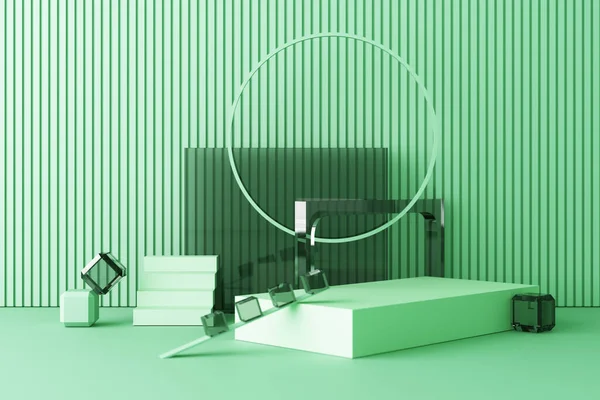 製品設計 3Dレンダリング 3Dイラストのための緑の色の表彰台と幾何学的な形状のガラスのテクスチャの構成をモックアップ — ストック写真