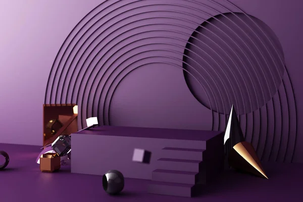 Mock Composition Geometric Shape Gold Glass Texture Purple Color Podium — 图库照片