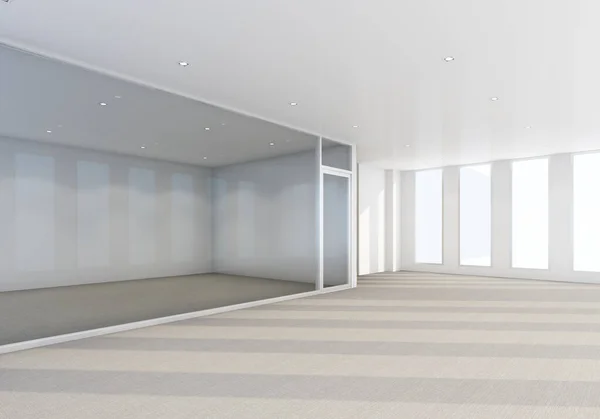 Modern ofiste halı döşemesi ve toplantı odası olan çalışma alanı. dahili 3d oluşturma