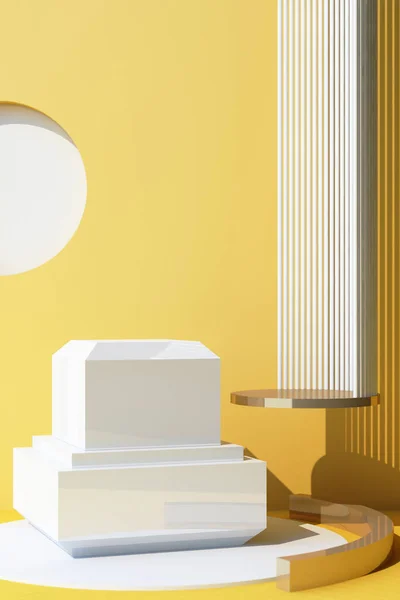 壁に影のある製品のための幾何学的な形状の表彰台と抽象オブジェクトの白い背景 黄色と白を最小限に抑えます 3Dレンダリング垂直フレーム — ストック写真