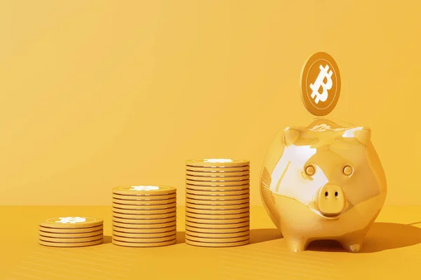 Het Opslaan Van Gouden Bitcoin Spaarvarken Bank Digitale Valuta Geld — Stockfoto