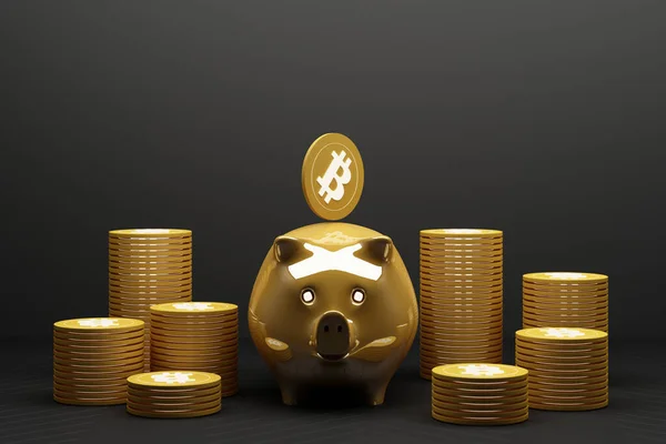 Oszczędzanie Złotej Bitcoin Skarbonce Cyfrowe Pieniądze Walutowe Handlu Kryptowaluta Moneta — Zdjęcie stockowe