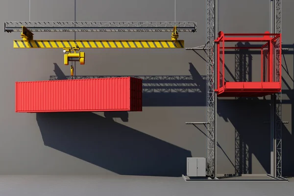 吊在起重机上的集装箱3 全球商业概念 3D渲染 — 图库照片