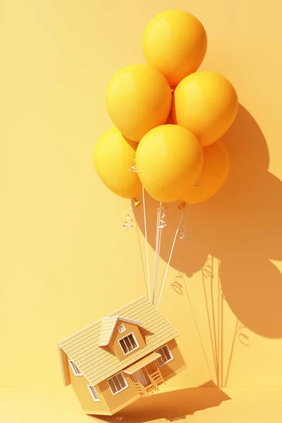 Yellow Balloon Tied Yellow House Pulling Rendering — Stock Photo, Image