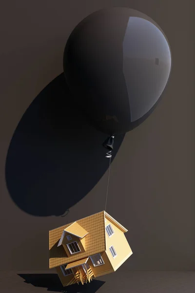黒い風船が家に縛られて3Dレンダリングをしています — ストック写真