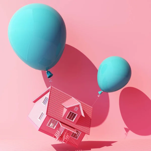 Turqouise Blue Balloon Tied House Pulling Pink Background Rendering — Stock Photo, Image