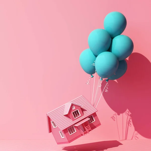 Turqouise Blue Balloon Tied House Pulling Pink Background Rendering — Stock Photo, Image