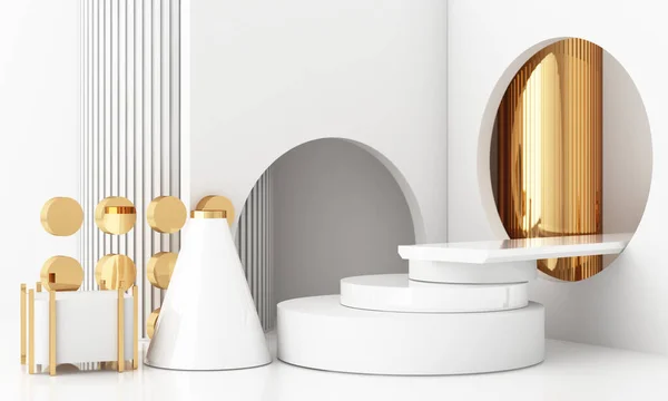 Podyum ve soyut arkaplanı olan en küçük sahne. Altın ve beyaz sahne. Sosyal medya afişleri, promosyon, kozmetik ürünler için moda. Geometrik şekiller içsel 3d oluşturma