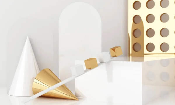 Minimalna Scena Podium Abstrakcyjnym Tłem Złote Białe Sceny Moda Banery — Zdjęcie stockowe