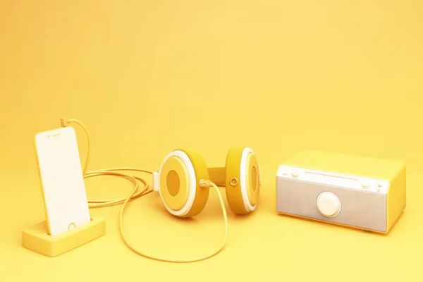 Gelbes Smartphone Mit Kopfhörer Und Lautsprecher Rendering — Stockfoto