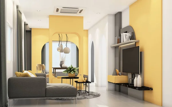 Obývací Pokoj Šedým Nábytkem Geometrickým Tvarem Zdobí Vestavěnou Žlutou Barvu — Stock fotografie