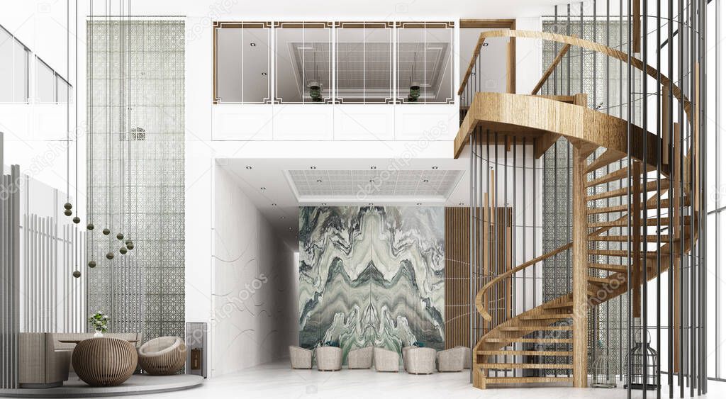 Reception hall in hotel The ceiling is high with mezzanine and spiral staircase view, there is a waiting area. Decorate Chinese style and pattern using wood and marble materials. 3d rendering