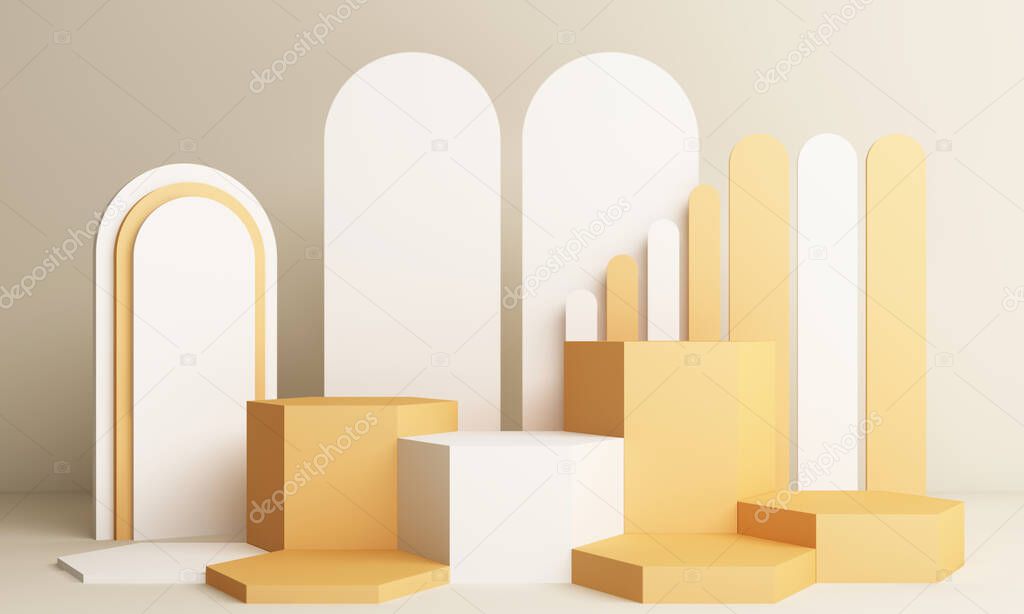 Abstract Yellow Composition with Podium. Minimal Studio with Round Pedestal and Copy Space ,Showcase, Product Presentation 3D Render
