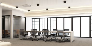 Modern ofiste halı döşemesi ve toplantı odası olan çalışma alanı. dahili 3d oluşturma