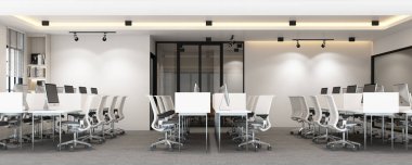 Modern ofiste halı döşemesi ve toplantı odası olan çalışma alanı. dahili 3d oluşturma