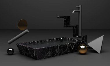 Ek ürün için kullanılan siyah podyum 3d görüntüleme, siyah renk tonunda geometrik şekilli asgari biçim