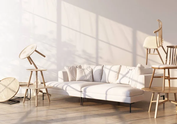 木製の椅子と肘掛け椅子に囲まれたソファ木製の床と窓からの日差しの日陰と白い壁3Dレンダリング — ストック写真