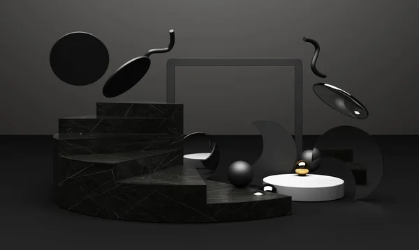 Черный Подиум Рендеринг Используется Дополнительного Продукта Минимальный Стиль Геометрической Формой — стоковое фото