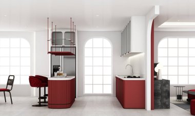 Interior of red color kitchen room with red velvet fabric furniture chair standing on concrete floor with feature wall decoration built-in and big windows in modern arc curve trend design 3d render clipart