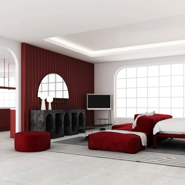 Interior Habitación Cama Color Rojo Con Muebles Tela Terciopelo Rojo — Foto de Stock