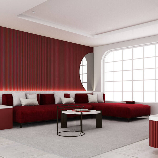 Interior of red color living room with red velvet fabric furniture sofa armchair standing on carpet with feature wall decoration built-in and big windows in modern arc curve trend design 3d render