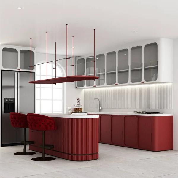 Wnętrze Czerwonego Koloru Kuchnia Pokój Czerwonym Aksamitem Tkaniny Meble Krzesło — Zdjęcie stockowe