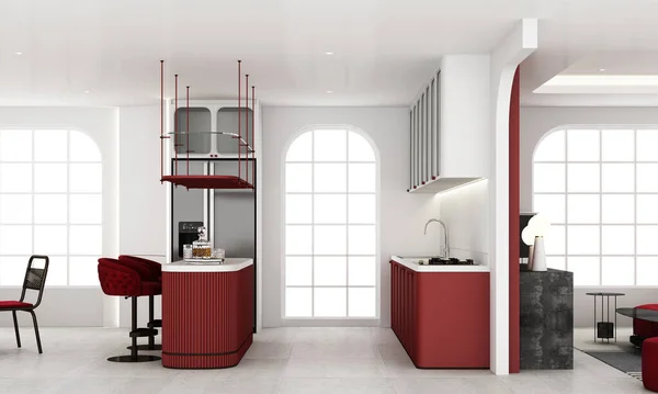 Interior of red color kitchen room with red velvet fabric furniture chair standing on concrete floor with feature wall decoration built-in and big windows in modern arc curve trend design 3d render