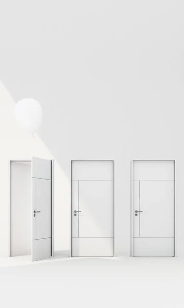 Закрытая Белая Дверь Открытая Дверь Воздушными Шарами Белом Фоне Солнцем — стоковое фото