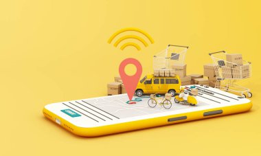 Mobiletli motosiklet ve minibüsle hızlı teslimat. E-ticaret konsepti. Çevrimiçi yiyecek ve alışveriş kasası siparişi ve yol haritası. Web sayfası, uygulama tasarımı. Sarı ve beyaz arka plan. perspektif 3d görüntüleyici